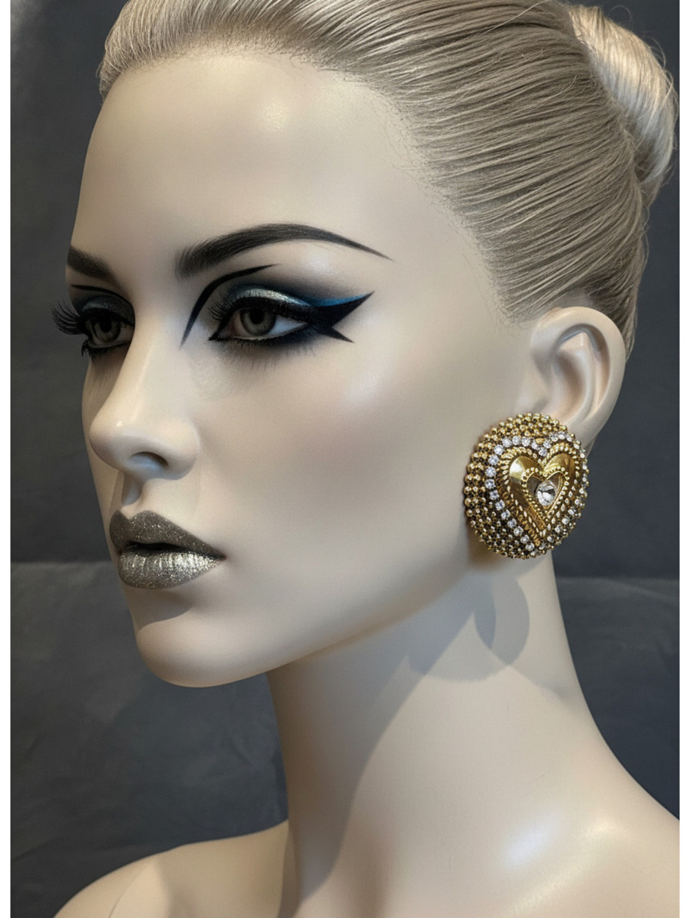 Vintage Gold Tone Heart Clip-On Earrings with Rhinestones